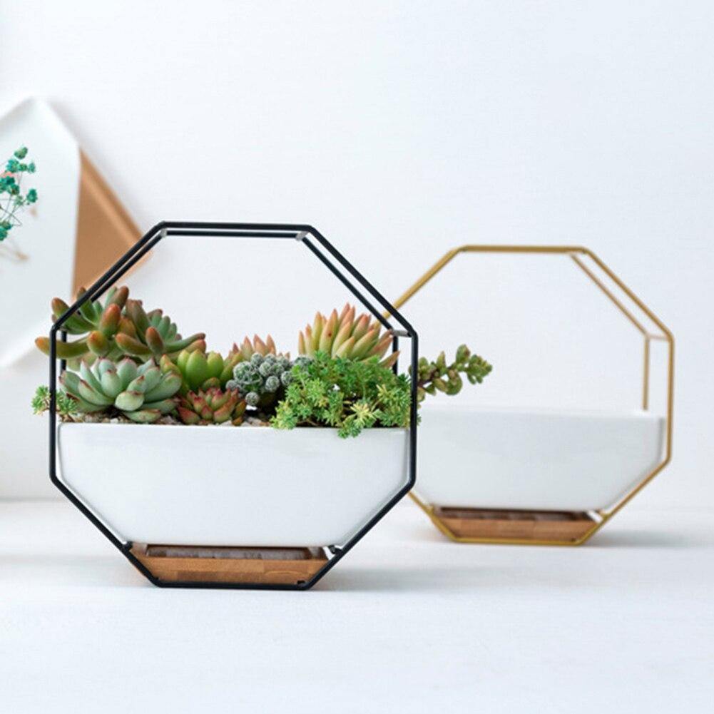 geometric hanging planter Geometric Ceramic Wall Planter with Octagonal Iron Frame