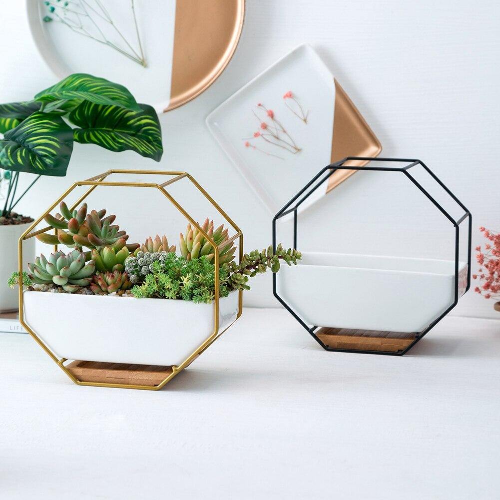 ceramic wall hanging planter Geometric Ceramic Wall Planter with Octagonal Iron Frame – bohostylish